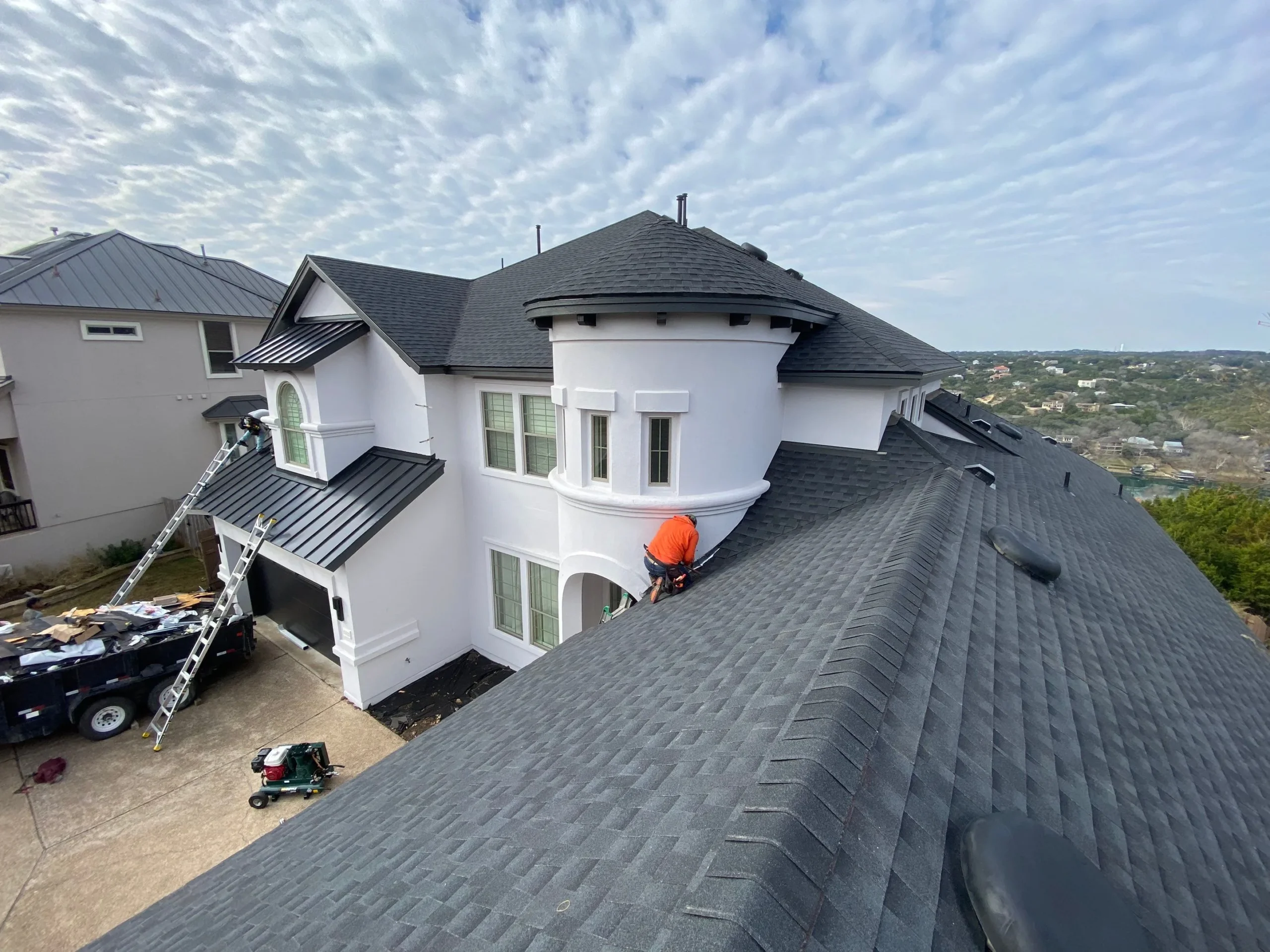 High-durability residential roof replacement completed by a professional roofing company in lakeway for a custom local home